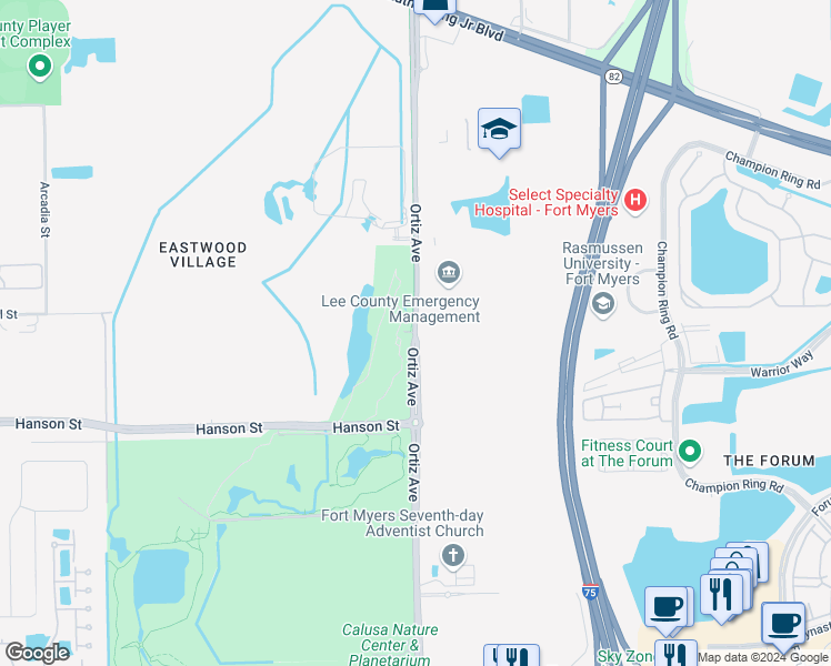 map of restaurants, bars, coffee shops, grocery stores, and more near 2547 Ortiz Avenue in Fort Myers