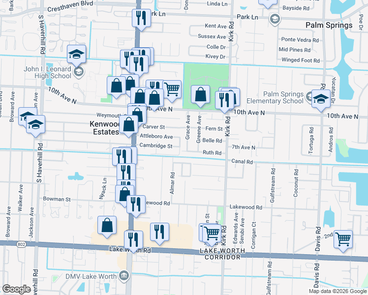 map of restaurants, bars, coffee shops, grocery stores, and more near 705 Grace Avenue in Lake Worth
