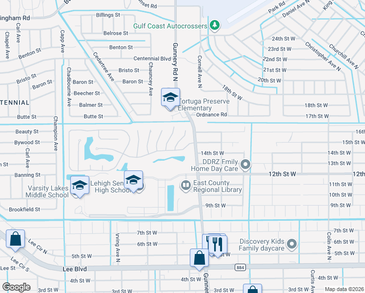 map of restaurants, bars, coffee shops, grocery stores, and more near 4416 Varsity Lakes Drive in Lehigh Acres