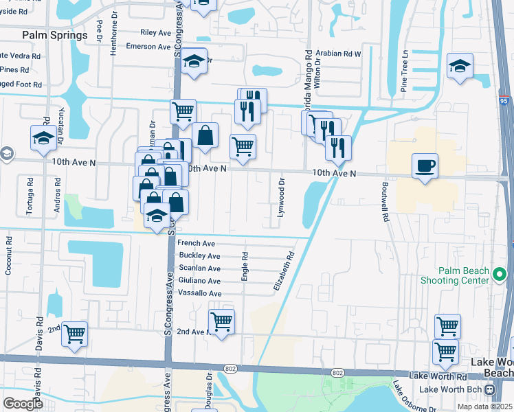 map of restaurants, bars, coffee shops, grocery stores, and more near 2729 Helyn Road in Lake Worth