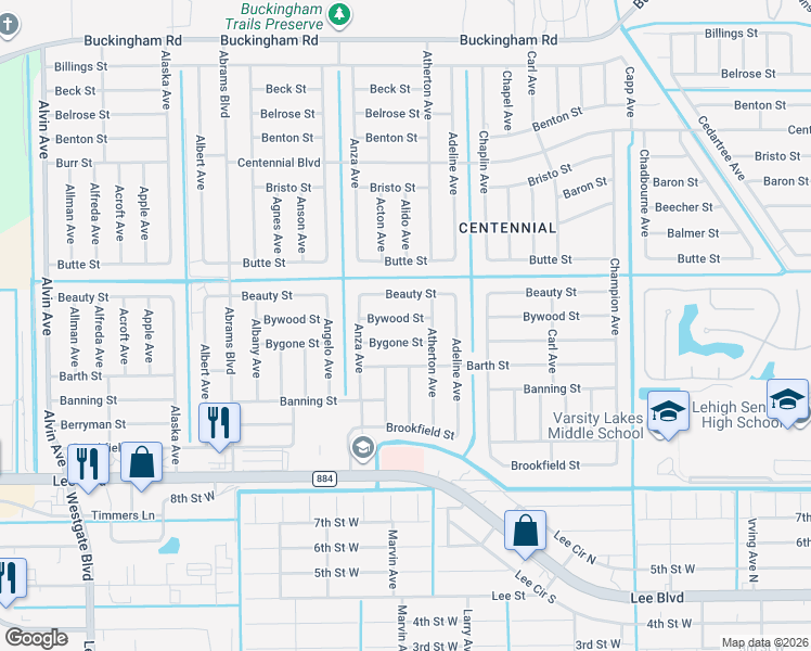 map of restaurants, bars, coffee shops, grocery stores, and more near 5209 Bywood Street in Lehigh Acres