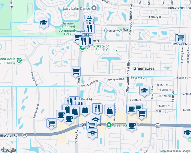 map of restaurants, bars, coffee shops, grocery stores, and more near 215 Wedgewood Circle in Greenacres