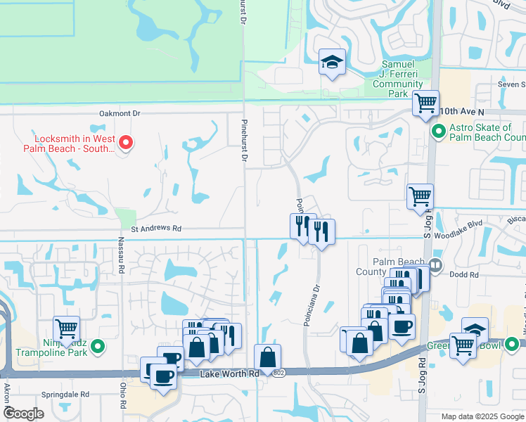 map of restaurants, bars, coffee shops, grocery stores, and more near 3398 Pinehurst Drive in Lake Worth