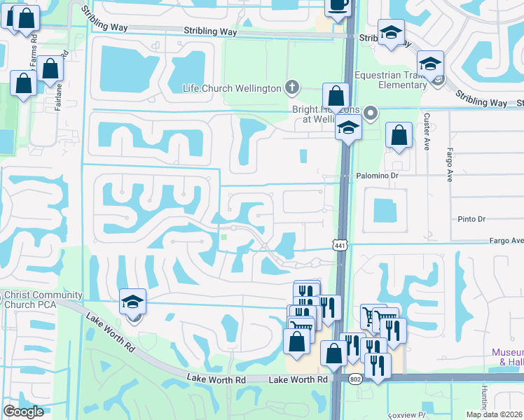 map of restaurants, bars, coffee shops, grocery stores, and more near 10411 Saint Germain Court in Wellington