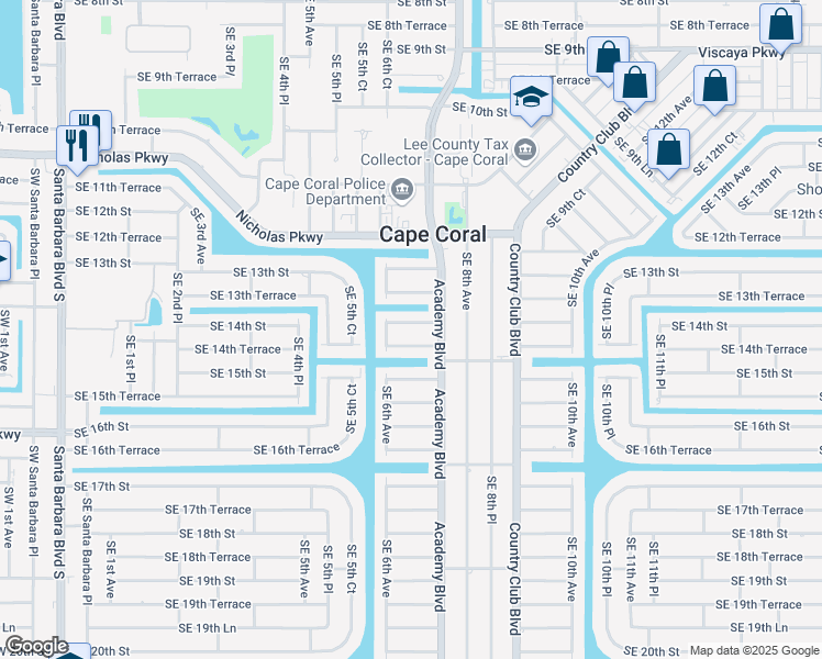 map of restaurants, bars, coffee shops, grocery stores, and more near 624 Southeast 14th Street in Cape Coral