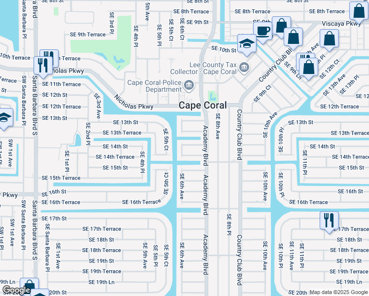 map of restaurants, bars, coffee shops, grocery stores, and more near 602 Southeast 14th Street in Cape Coral
