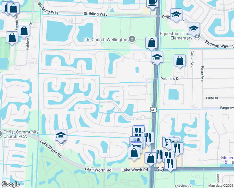 map of restaurants, bars, coffee shops, grocery stores, and more near 10411 Saint Germain Court in Wellington