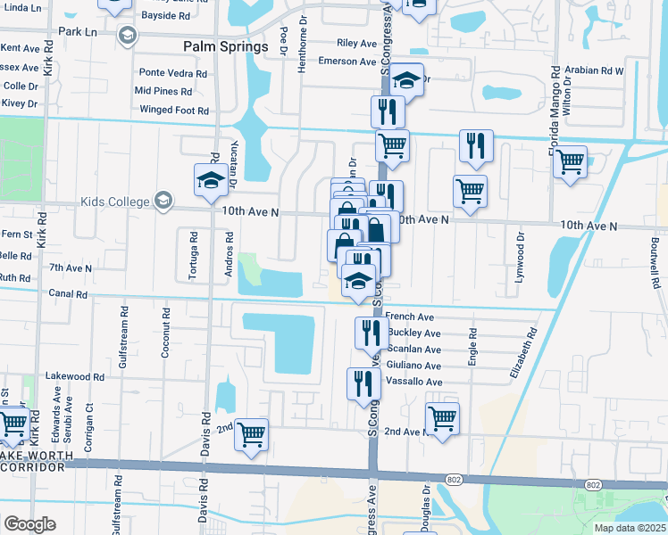 map of restaurants, bars, coffee shops, grocery stores, and more near 1067 Manor Drive in Palm Springs