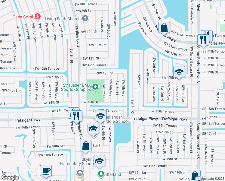 map of restaurants, bars, coffee shops, grocery stores, and more near 1400 Southwest 6th Avenue in Cape Coral
