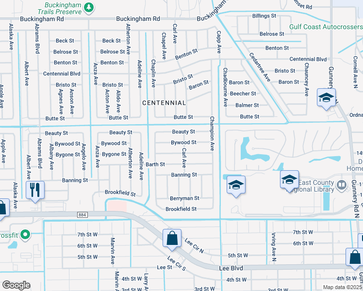 map of restaurants, bars, coffee shops, grocery stores, and more near 5001 Bywood Street in Lehigh Acres