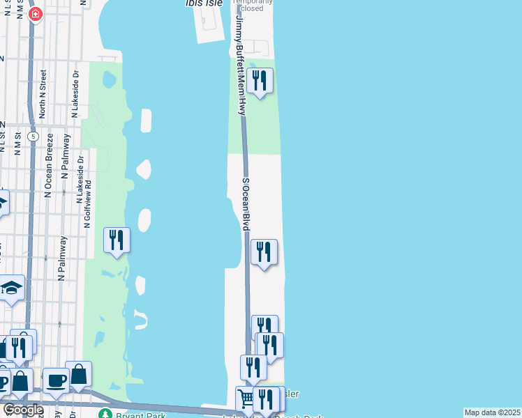 map of restaurants, bars, coffee shops, grocery stores, and more near 2580 South Ocean Boulevard in Palm Beach