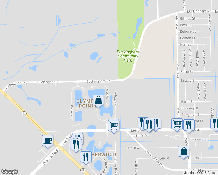 map of restaurants, bars, coffee shops, grocery stores, and more near 11663 Eros Road in Lehigh Acres