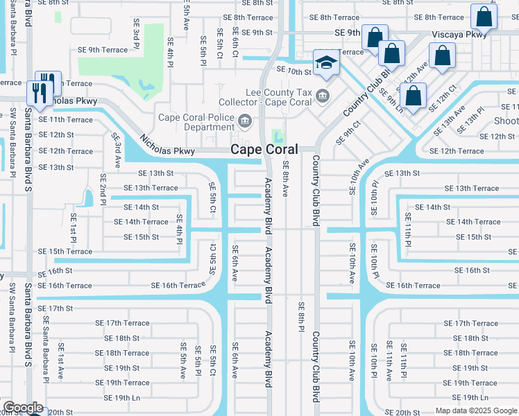 map of restaurants, bars, coffee shops, grocery stores, and more near 624 Southeast 14th Street in Cape Coral