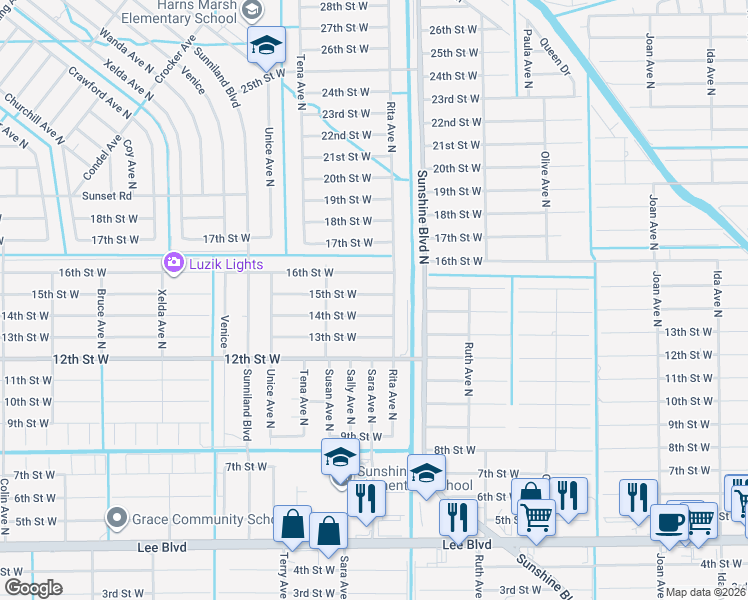 map of restaurants, bars, coffee shops, grocery stores, and more near 3405 15th Street West in Lehigh Acres