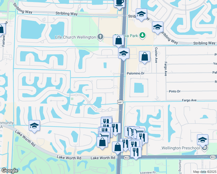 map of restaurants, bars, coffee shops, grocery stores, and more near 10127 Wellington Parc Drive in Wellington
