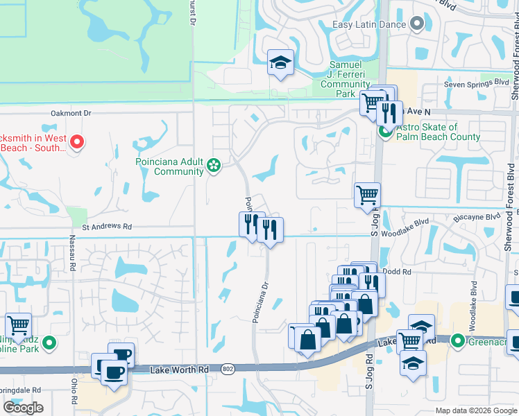 map of restaurants, bars, coffee shops, grocery stores, and more near 6770 Dupere Lane in Lake Worth