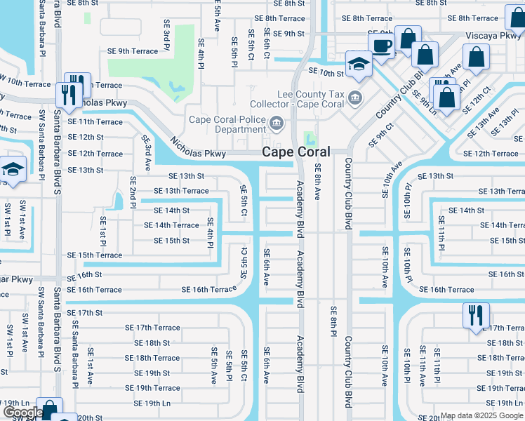 map of restaurants, bars, coffee shops, grocery stores, and more near 602 Southeast 14th Street in Cape Coral