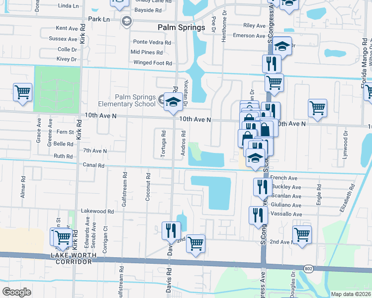 map of restaurants, bars, coffee shops, grocery stores, and more near 50 Andros Road in Palm Springs