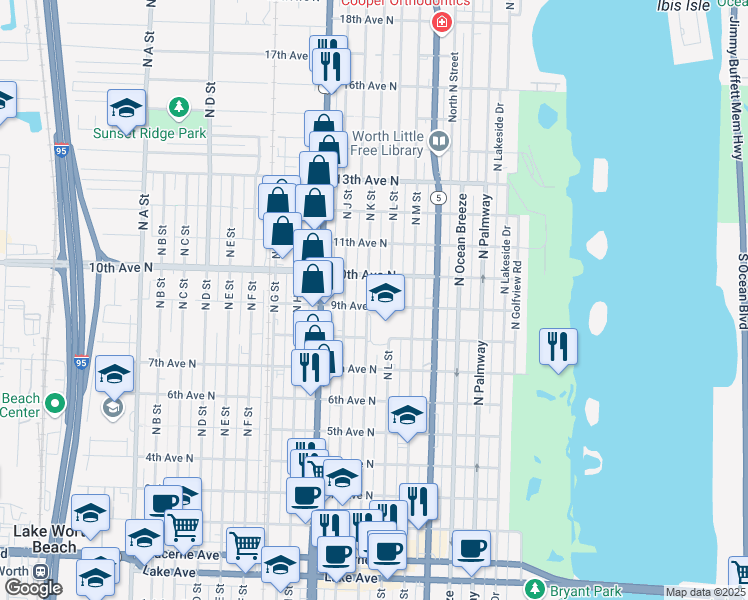 map of restaurants, bars, coffee shops, grocery stores, and more near 906 North K Street in Lake Worth