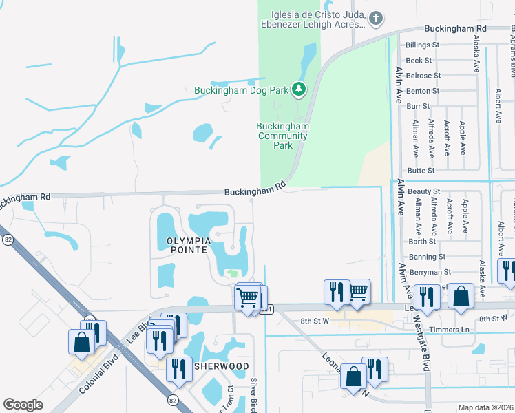 map of restaurants, bars, coffee shops, grocery stores, and more near 8695 Athena Court in Lehigh Acres