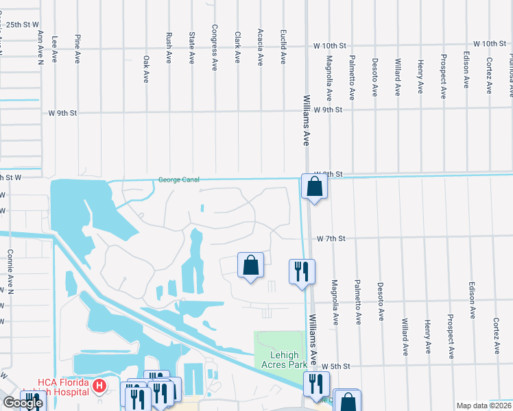 map of restaurants, bars, coffee shops, grocery stores, and more near 18371 Pine Nut Court in Lehigh Acres