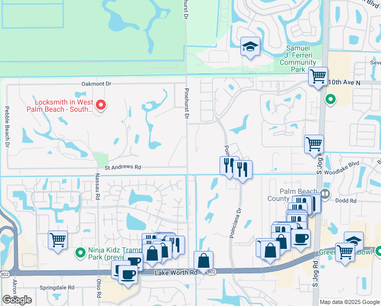map of restaurants, bars, coffee shops, grocery stores, and more near 3398 Pinehurst Drive in Lake Worth