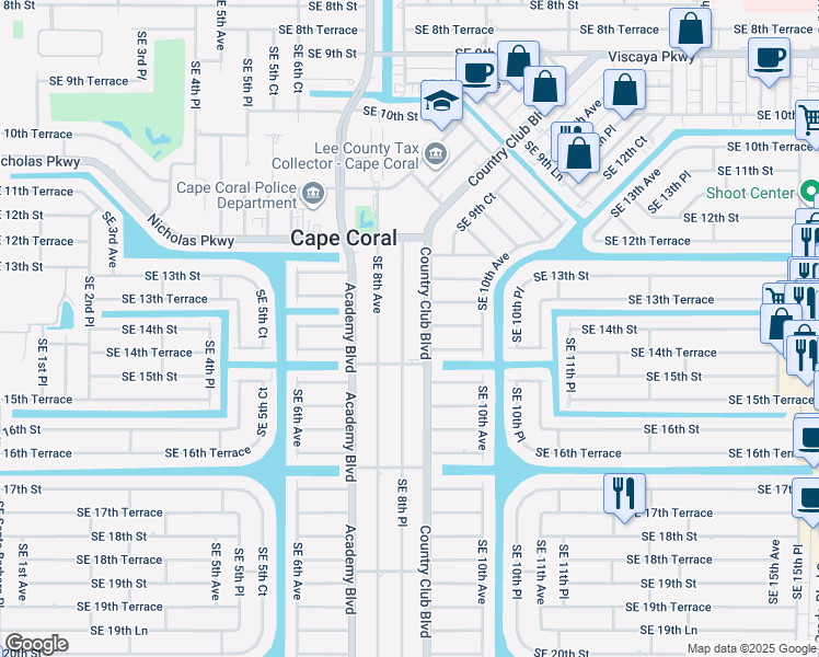 map of restaurants, bars, coffee shops, grocery stores, and more near 1403 Southeast 8th Place in Cape Coral