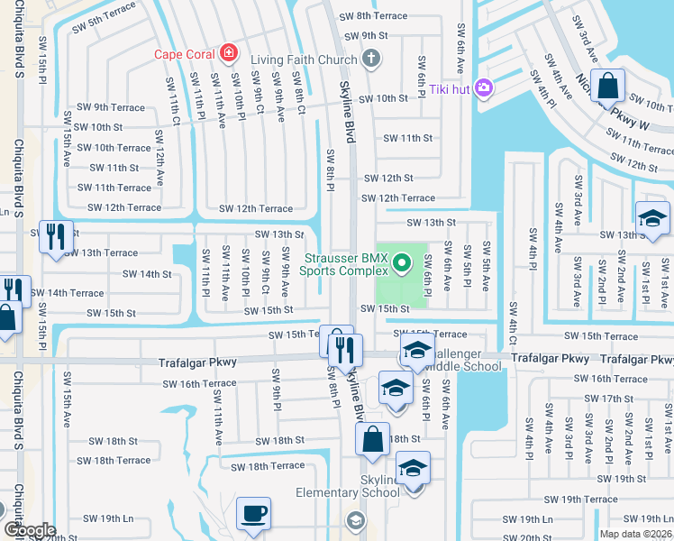 map of restaurants, bars, coffee shops, grocery stores, and more near 1404 Skyline Boulevard in Cape Coral