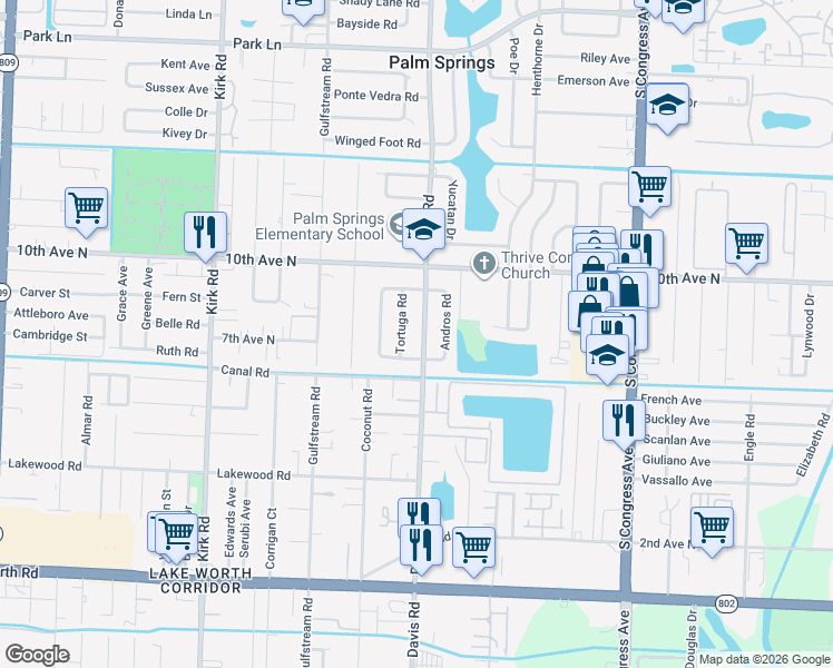 map of restaurants, bars, coffee shops, grocery stores, and more near 51 Davis Road in Palm Springs