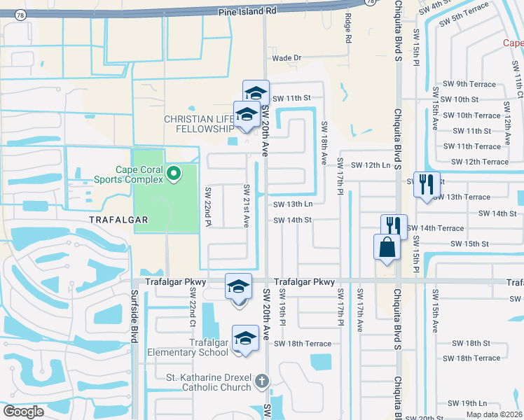 map of restaurants, bars, coffee shops, grocery stores, and more near 1324 Southwest 20th Avenue in Cape Coral