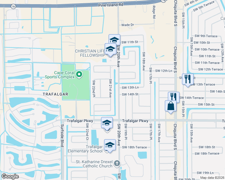 map of restaurants, bars, coffee shops, grocery stores, and more near 1324 Southwest 20th Avenue in Cape Coral