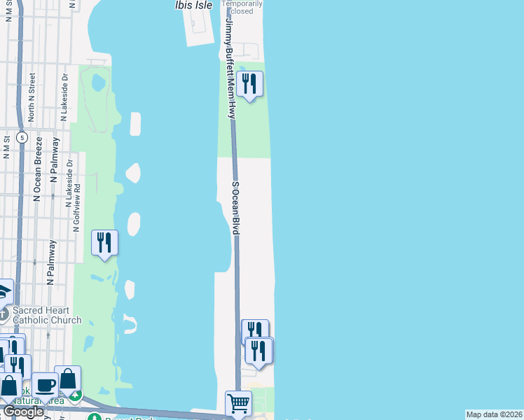 map of restaurants, bars, coffee shops, grocery stores, and more near 2565 South Ocean Boulevard in Palm Beach