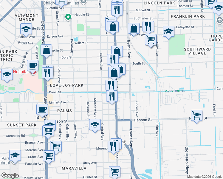 map of restaurants, bars, coffee shops, grocery stores, and more near 10 Canal Street in Fort Myers