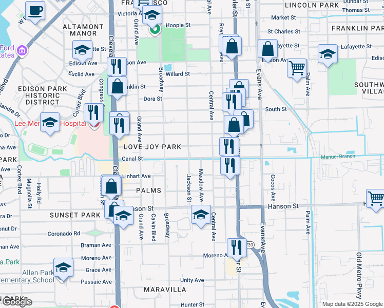 map of restaurants, bars, coffee shops, grocery stores, and more near 2327 Canal Street in Fort Myers