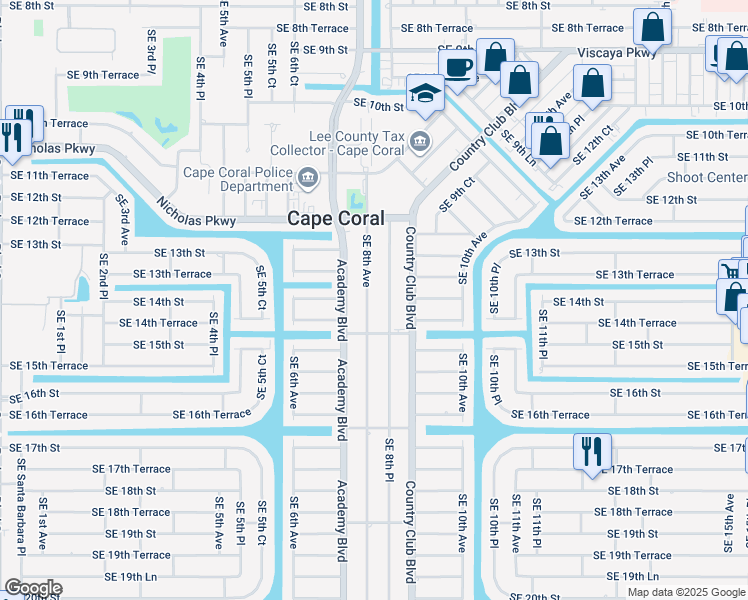 map of restaurants, bars, coffee shops, grocery stores, and more near 1402 Southeast 8th Avenue in Cape Coral