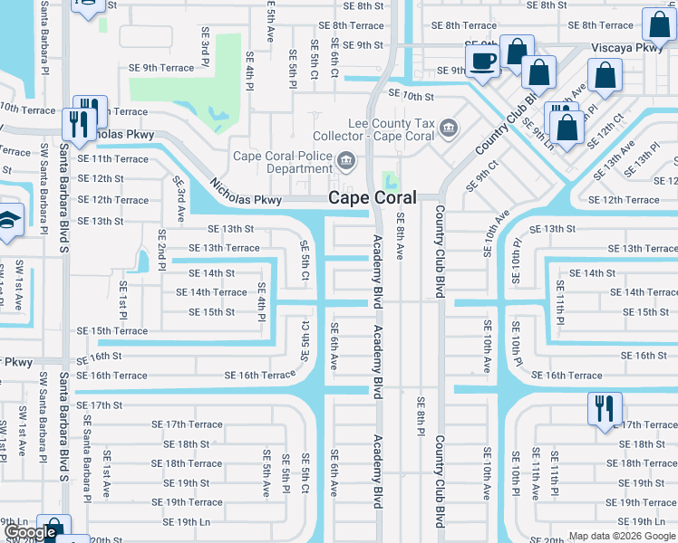map of restaurants, bars, coffee shops, grocery stores, and more near 602 Southeast 14th Street in Cape Coral