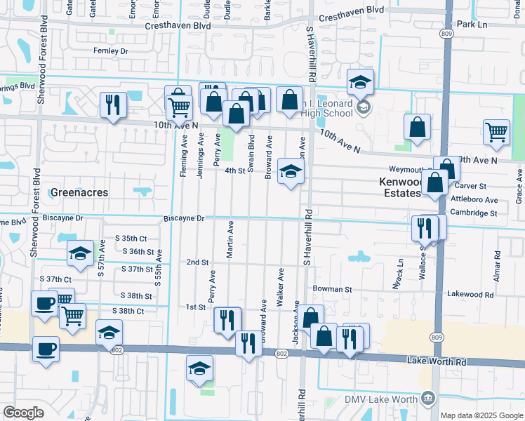 map of restaurants, bars, coffee shops, grocery stores, and more near 409 Broward Avenue in Greenacres