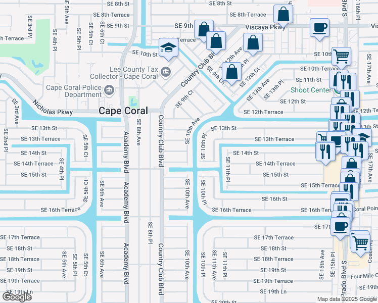 map of restaurants, bars, coffee shops, grocery stores, and more near 1325 Southeast 10th Avenue in Cape Coral