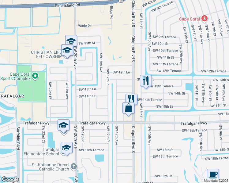 map of restaurants, bars, coffee shops, grocery stores, and more near 1328 Southwest 17th Avenue in Cape Coral