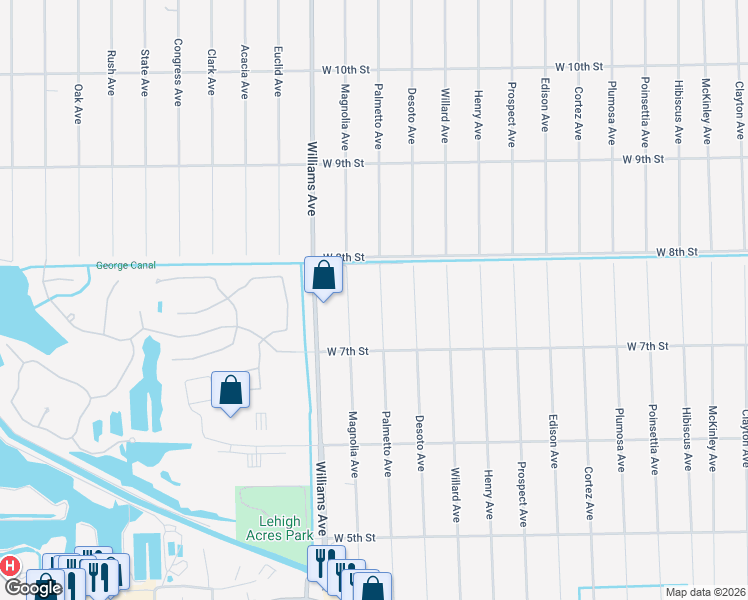 map of restaurants, bars, coffee shops, grocery stores, and more near 712 Palmetto Avenue in Lehigh Acres