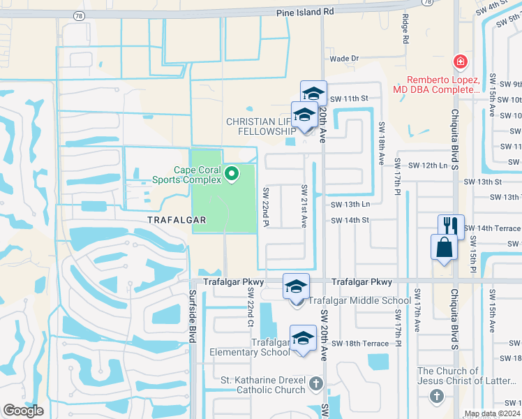 map of restaurants, bars, coffee shops, grocery stores, and more near 1324 Southwest 22nd Place in Cape Coral