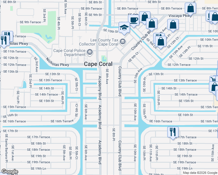 map of restaurants, bars, coffee shops, grocery stores, and more near 1402 Southeast 8th Avenue in Cape Coral