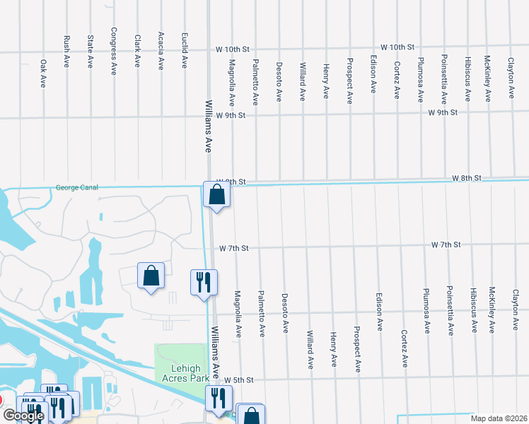 map of restaurants, bars, coffee shops, grocery stores, and more near 712 Palmetto Avenue in Lehigh Acres