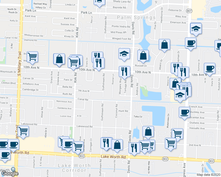 map of restaurants, bars, coffee shops, grocery stores, and more near 3403 Rostan Lane in Lake Worth