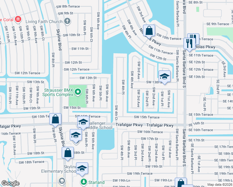 map of restaurants, bars, coffee shops, grocery stores, and more near 1401 Southwest 4th Court in Cape Coral