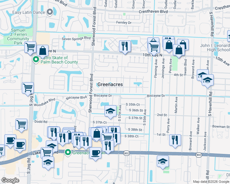 map of restaurants, bars, coffee shops, grocery stores, and more near 3623 La Playas Court in Greenacres