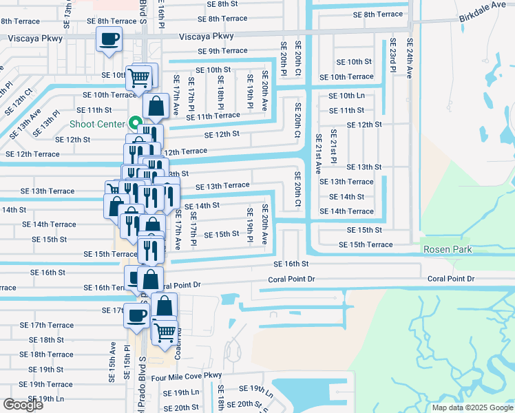 map of restaurants, bars, coffee shops, grocery stores, and more near 1911 Southeast 14th Terrace in Cape Coral