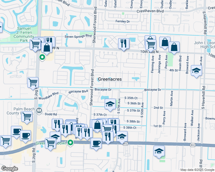 map of restaurants, bars, coffee shops, grocery stores, and more near 3625 La Aires Court in Greenacres