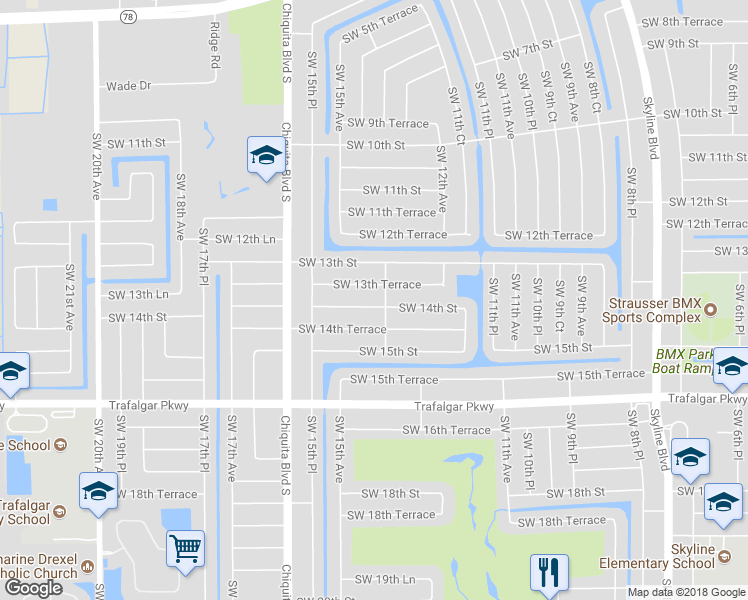 map of restaurants, bars, coffee shops, grocery stores, and more near 1405 Southwest 14th Street in Cape Coral