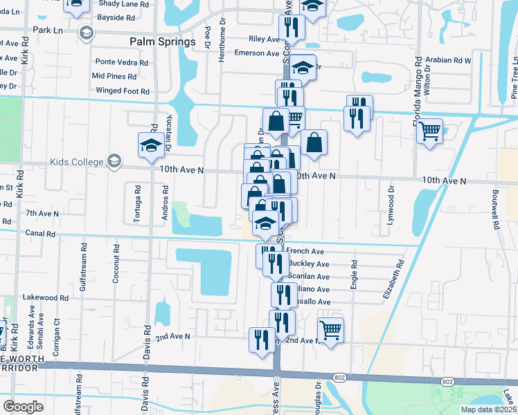 map of restaurants, bars, coffee shops, grocery stores, and more near 3401 S Congress Ave in Lake Worth